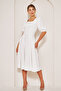 White Midi Length Balloon Sleeve Square Neck Short Elastic Sleeve Woven Flowing Fabric Dress - 3