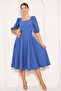 Denim Blue Midi Length Balloon Sleeve Square Neck Short Elastic Sleeve Woven Draped Fabric Dress - 2