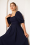 Navy Blue Midi Length Balloon Sleeve Square Neck Short Elastic Sleeve Woven Draped Fabric Dress - 3