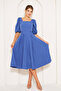 Denim Blue Midi Length Balloon Sleeve Square Neck Short Elastic Sleeve Woven Draped Fabric Dress - 3