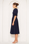 Navy Blue Midi Length Balloon Sleeve Square Neck Short Elastic Sleeve Woven Draped Fabric Dress - 6