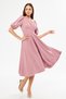 Balloon Sleeve V-neck Corsage Belt Detail Ornamental Buttoned Chest Pleated Woven Draped Fabric Midi Dress
