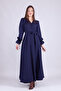 Navy Blue Maxi Length Women's Double Breasted Collar Sleeve Nipple Frilly Long Sleeve Sleeve Nipple Frilly Belted Dress - 2