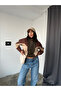 Women's Three Color Garnished Khaki Hooded Sweatshirt - 3