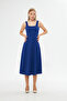Flexible Crepe Fabric Thick Strap Square Neck Midi Length Flared Design Cobalt Blue Evening Dress 086