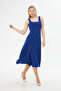 Flexible Crepe Fabric Thick Strap Square Neck Midi Length Flared Design Cobalt Blue Evening Dress 086 - 4