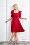 Women's Crepe Fabric Short Sleeve Square Collar Midi Length Red Dress 080 - 7