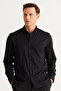 Men's Black Slim Fit Narrow Cut Button Collar Cotton Gabardine Shirt