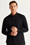 Men's Black Slim Fit Narrow Cut Button Collar Cotton Gabardine Shirt - 5