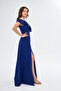 Women's stretchy crepe fabric strap chest flounce neck design slit long cobalt blue dress 582190 - 5