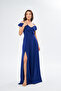 Women's stretchy crepe fabric strap chest flounce neck design slit long cobalt blue dress 582190 - 6