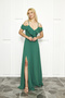 Crepe Fabric Thin Straps Slit V-Neck Long Green Dress 582190 - 6