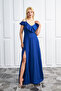 Crepe Fabric Thin Straps Slit V-Neck Long Blue Dress 582190 - 7