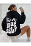 Women's Black Love Yourself Printed Oversize Hooded Sweatshirt