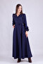 Navy Blue Maxi Length Women's Double Breasted Collar Sleeve Nipple Frilly Long Sleeve Sleeve Nipple Frilly Belted Dress - 3