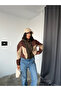 Women's Three Color Garnished Khaki Hooded Sweatshirt