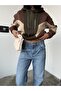 Women's Three Color Garnished Khaki Hooded Sweatshirt - 4
