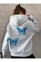 Beautiful Butterfly Back Print Detailed Gray Hooded Pocket Sweatshirt-Hoodie - 2