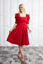 Red Crepe Fabric Short Sleeve Square Neck Midi Evening Dress 080 - 5