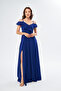 Women's stretchy crepe fabric strap chest flounce neck design slit long cobalt blue dress 582190 - 8