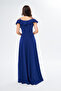 Women's stretchy crepe fabric strap chest flounce neck design slit long cobalt blue dress 582190 - 3