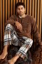 Brown White Plaid Patterned Fleece Men's Pajama Set