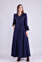 Navy Blue Maxi Length Women's Double Breasted Collar Sleeve Nipple Frilly Long Sleeve Sleeve Nipple Frilly Belted Dress
