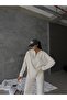 Women's Ribbed High Collar Zippered Leg Slit Side Zipper Ecru Bottom Top Double Knitwear Suit - 2
