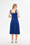 Flexible Crepe Fabric Thick Strap Square Neck Midi Length Flared Design Cobalt Blue Evening Dress 086 - 3