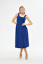 Flexible Crepe Fabric Thick Strap Square Neck Midi Length Flared Design Cobalt Blue Evening Dress 086 - 7