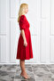 Red Crepe Fabric Short Sleeve Square Neck Midi Evening Dress 080 - 8