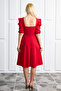 Red Crepe Fabric Short Sleeve Square Neck Midi Evening Dress 080 - 3