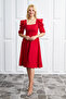 Red Crepe Fabric Short Sleeve Square Neck Midi Evening Dress 080