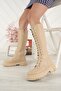 Lace-up Side Zippered Nude Leather Casual Women's Boots - 2