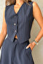 Navy Blue Striped Bell Skirt and Vest Set - 2