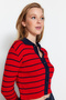 Navy Blue Crop Striped Polo Neck Knitwear Cardigan Twoaw24Hi00384 - 2