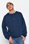 Lacivert Bisiklet Yaka Oversize/Geniş Kesim İçi Polarlı Dinozor Nakış Sweatshirt TMNAW24SW00064 - 3