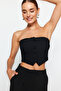 Siyah Straplez Düğme Detaylı Crop Dokuma Bluz TWOAW24BZ00421 - 8