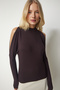 Women's Dark Brown High Collar Off-the-Shoulder Knitwear Blouse UB00152