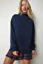 Women's Navy Blue Stand Collar Basic Ribbed Sweatshirt UB00166 - 4