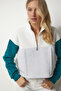 Women's Gray Emerald Green Zippered Collar Ribbed Knitted Crop Sweatshirt NJ00130 - 3