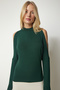 Women's Emerald Green High Collar Off-the-Shoulder Knitwear Blouse UB00152 - 3