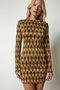 Women's Beige Green High Collar Patterned Mini Knitwear Dress UB00173