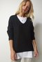 Women's Black V-Neck Textured Knitwear Sweater PF00011 - 3