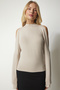Women's Beige High Collar Off-the-Shoulder Knitwear Blouse UB00152 - 3