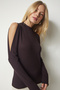Women's Dark Brown High Collar Off-the-Shoulder Knitwear Blouse UB00152 - 3