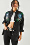 Women's Flower Black Sequin Sequin Detailed Oversize Stamp Shirt GML-19001145 - 3