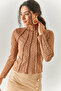 Women's Leopard Brown Piece High Collar Lycra Crop Blouse BLZ-19002398