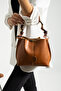 Women's Soft Leather 3-Compartment Handbag, Shoulder Bag with Scarf and Chain Accessories - 2