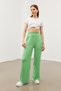 Women's Green Elastic Waist Double Pocket Wide Leg Wrinkled Trousers